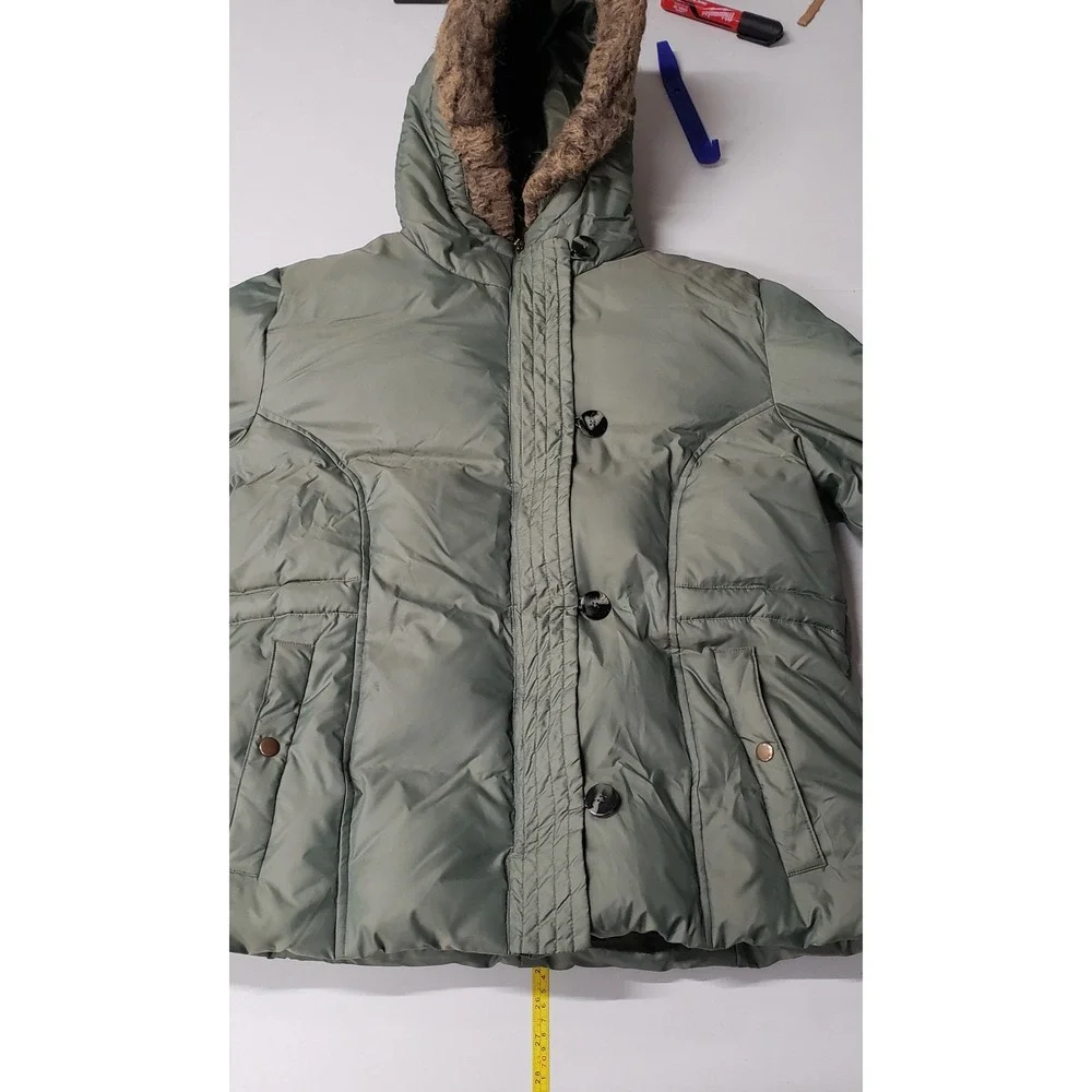 Y2K Fashion Bug Womens Olive Green Down Puffer Jacket Faux Fur Trim Hood 14/16W - Picture 6 of 10